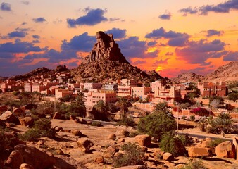 Sunset in Morocco. Napoleon's Hat rock (Chapeau Napoleon) in Tafraoute, Morocco. Landscapes of Antiatlas mountains in Morocco.
