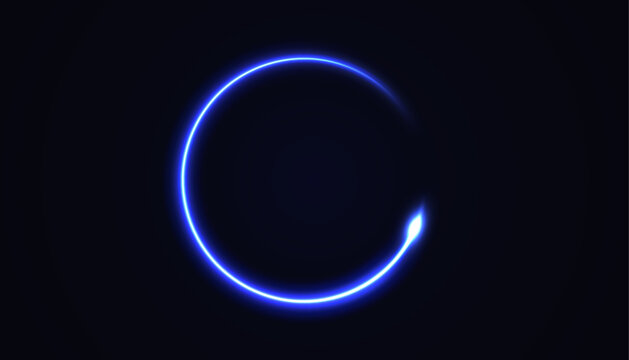 Blue neon glowing circle frame, animated moving LED ring projection onto screen, abstract presentation background with empty space, futuristic laser backdrop.