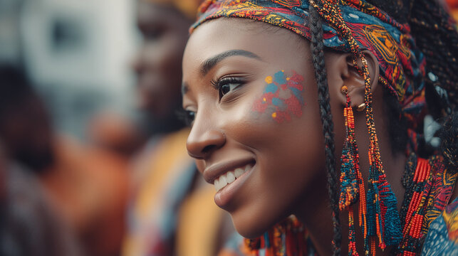 Ouidah Voodoo Festival, Young woman with traditional face paint smiling at Ouidah Voodoo festival