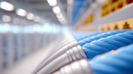 Closeup of blue network cables in a server room with blurred background for technology and data infrastructure