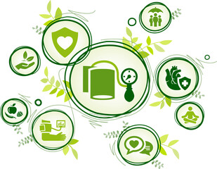 High blood pressure / hypertension vector illustration. Green concept with icons related to cardiovascular or heart health, holistic treatment, plant-based or herbal medicine, naturopathy.