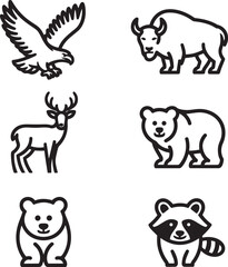 Obraz premium USA Wildlife Icon Set – Minimal Flat Black Outline Collection Featuring Bald Eagle, American Bison, White-tailed Deer, Grizzly Bear, and Raccoon with Transparent Background