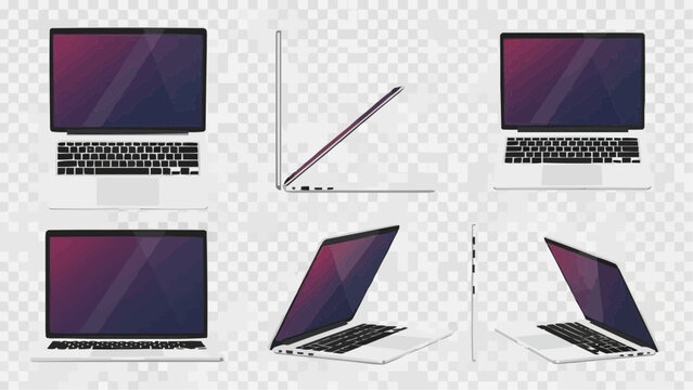 Multiple views of a white laptop computer with purple screen