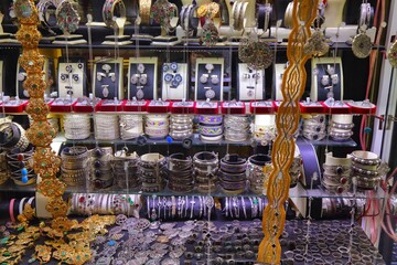 Generic jewelry shop window view in Rabat, Morocco.