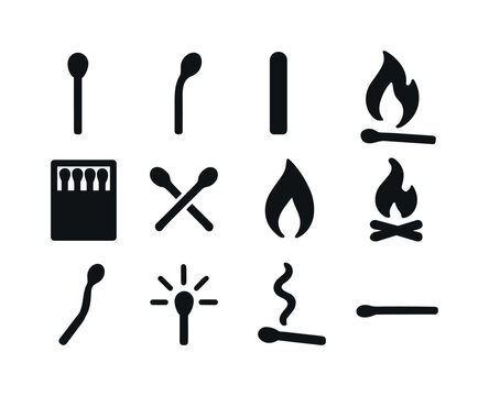 Matchstick Icon Collection. Matchsticks. Solid icon set of Matchsticks: match head, burnt match, striking stick, fire match, box of matches, crossed matches,