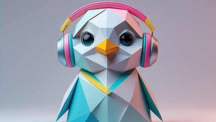 Cute low-poly penguin wearing colorful headphones against a pastel gradient background. AI-generated.