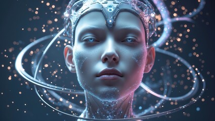Futuristic woman with a cybernetic headpiece and glowing orbital rings, immersed in a digital reality. AI-generated.