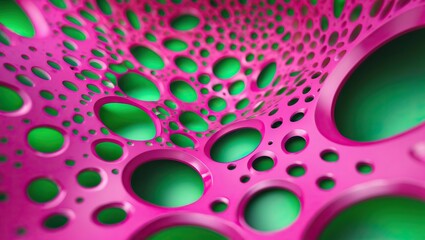 Abstract 3D texture with a vibrant pink surface and green holes, creating an effect of depth and volume. AI-generated.