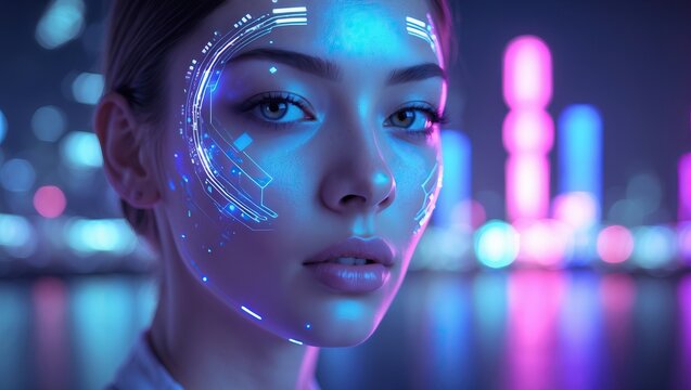 Woman wearing futuristic glasses with a holographic interface, set against a neon-lit city backdrop. AI-generated. - Powered by Adobe