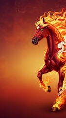 Fototapeta premium Majestic red fire horse with flowing flame mane rearing up against warm gradient background with decorative swirls for fantasy and mythical creature designs.