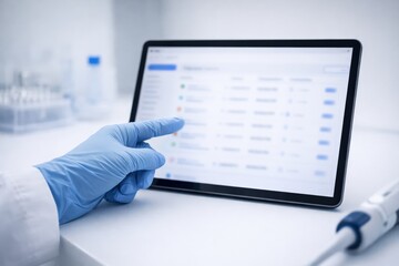 Lab Technician Using Digital Tablet for Data Management and Research in a Modern Laboratory Environment with Advanced Technology Interface