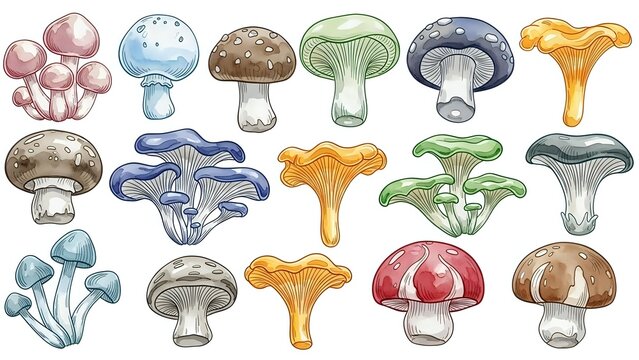 Colorful mushroom collection featuring various fungi species with different caps and stems isolated on white background for botanical illustration and design.