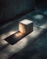 White concrete cube block standing on dark tiled street pavement. Urban minimalist product display podium with hard sunlight shadow and grey wall background
