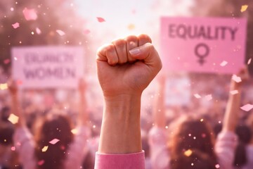 A Powerful Display of Unity and Strength: A Raised Fist Symbolizing Women's Equality During a Vibrant Protest for Gender Justice