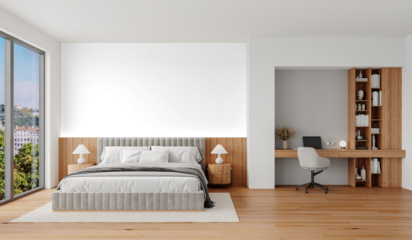 Modern Bedroom Wide Composition with Huge Isolated Wall Background and Built-in Workspace, PNG Cutout with Natural Shadow