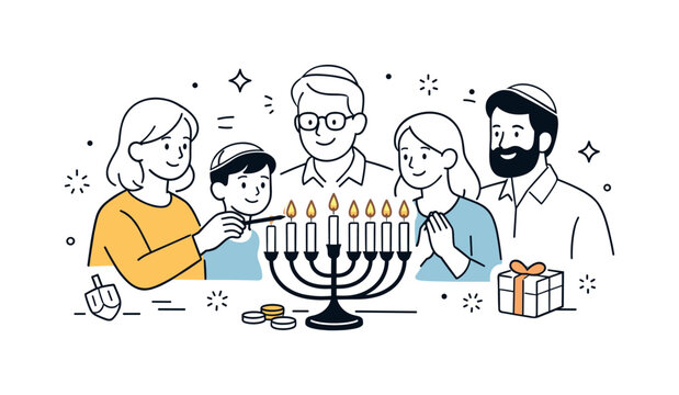 Lighting the Menorah. People lighting menorah. Family or friends gathered around a menorah, gently lighting candles, calm reverence and warm holiday