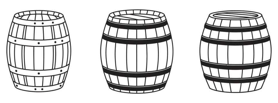 Wooden barrel line art vector set, including classic barrels, vintage storage containers, wooden casks, rustic design elements, beverage storage, alcohol and wine illustration icons.