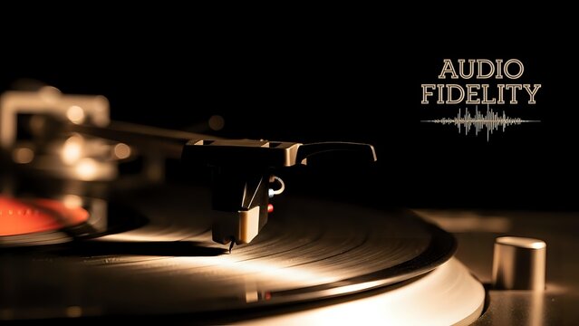 Professional turntable with vinyl record in warm studio lighting showcasing high-end audio equipment for music production and DJ performance applications.