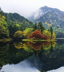 Fototapeta premium autumn trees reflected in water