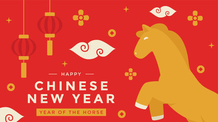 Happy Chinese New Year greetings design with flat design featuring golden horse, hanging lanterns, and clouds set against a red horizontal background perfect for Lunar New year celebrations. © Anwar Design
