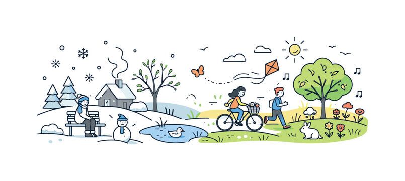 Winter to Spring Transition. Quiet winter to active spring. A calm winter scene slowly transforming into spring activity, with snow fading into greenery and