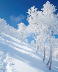 Obraz premium The trees on the snow-capped mountains were covered in white frost, shimmering under the blue sky