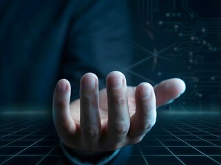 A person's open hand reaching out in a dark, futuristic digital environment with glowing grid lines and circuit patterns.