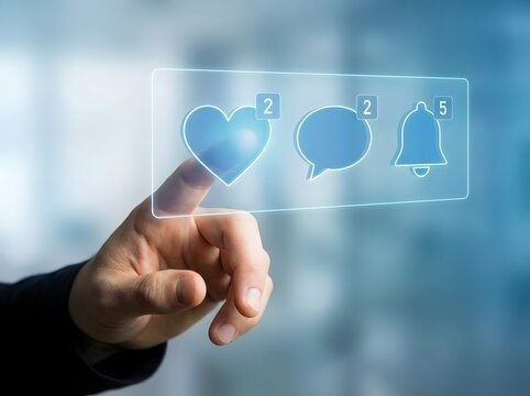 Hand touching a holographic interface with social media notification icons like heart, comment, and bell. - Powered by Adobe