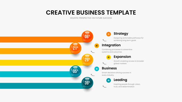Consulting Plan Slide Template Vector Illustration. Advertising Forecast 5 Step Chart Frame Layout. Educational Profile Five Element Infographic Presentation Design.