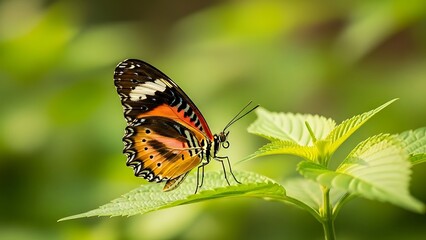 Obraz premium A magnificent butterfly with striking orange and black wings, delicately resting on a bright green leaf, highlighting the intricate beauty of nature's design