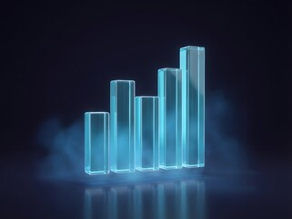 Glowing blue translucent 3D bar chart showing data visualization and growth on a dark background with mist.