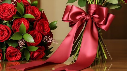 Romantic bouquet of red roses with ribbon on wooden table for valentine's day or anniversary gift elegant flowers arrangement with green leaves