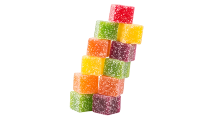 Top‑view photo of colorful candy cube stack, sugar‑coated isolated on transparent background, studio