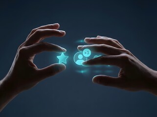 Two hands connecting a glowing star icon with a user and code icon, representing digital interaction.