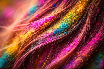 Vibrant and Colorful Hair Adorned with Bright Holi Powders, Showcasing the Essence of Celebration and Joy in a Kaleidoscope of Colors