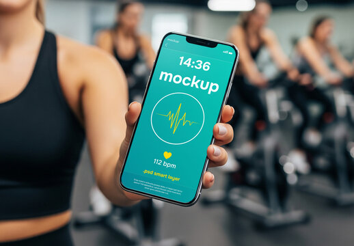 A woman holding a smartphone in the gym - mockup
