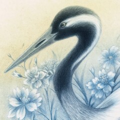 Obraz premium Delicate crane with detailed plumage, soft gaze, surrounded by muted blue floral accents