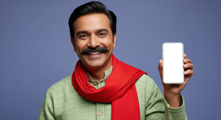 Happy Indian Man Smiling and Presenting Blank Smartphone Screen