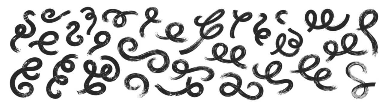 Bold hand drawn curved lines and swirled brush strokes, playful grunge doodle scribbles and squiggles vector set on transparent background