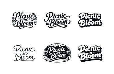 Fototapeta premium Harmonious Lettering Variations. Picnic in Bloom. Set lettering. harmonious lettering variations of the same emblematic concept, each with different artistic