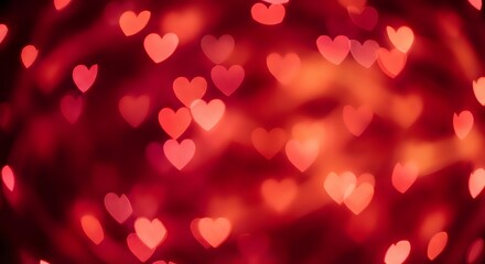 Romantic red heart-shaped bokeh lights creating warm Valentine's Day atmosphere for love celebration backgrounds and wedding designs.