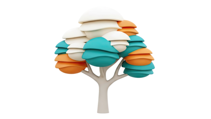Stylized Tree with Layered Leaf-like Shapes in Orange, Teal, and Cream