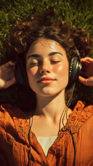 Happy young beautiful woman relaxing with eyes closed wearing headphones listening to music audio sound on comfortable green grass
