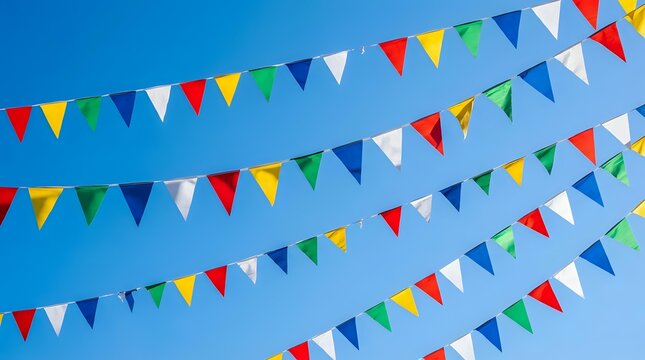 Colorful triangular bunting flags strung across clear blue sky creating festive party atmosphere for celebrations and outdoor events.