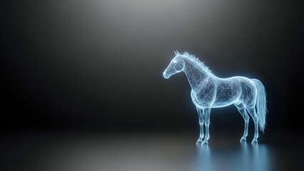 Fototapeta premium Glowing blue wireframe horse hologram on dark background with futuristic digital light effects for technology and innovation concepts.