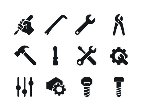 Tools Icon Set. Tool use. Solid icon set of tool use: hand with tool, screwdriver, pry bar, wrench, pliers, hammer, drill bit, fix icon, adjust icon,