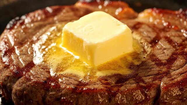 A close-up image of a cooked steak with a pat of butter melting on top, creating a golden, rich appearance