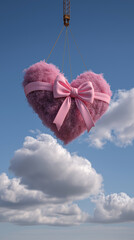 A pink heart shape balloon with bow tied floating against blue sky and white clouds