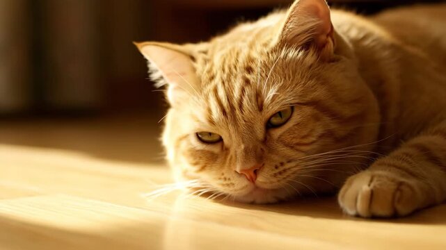 A close-up shot of a ginger cat resting on a wooden surface, bathed in sunlight. The warm tones create a cozy and inviting atmosphere