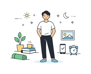 Intentional Minimalist Lifestyle. Intentional lifestyle choice. A person standing confidently with a few carefully chosen objects around them. Calm confidence,